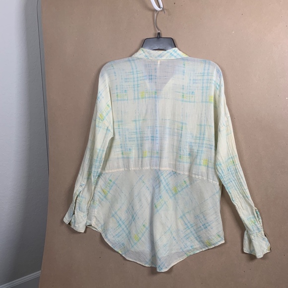 Free People Shore Vibes Lemon Yellow and Blue Plaid Sheer Beachy Shirt M - Picture 6 of 11